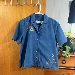 VTG Alfred Dunner Floral Dragonfly Beaded Denim Short Sleeve Button-down Top 14P